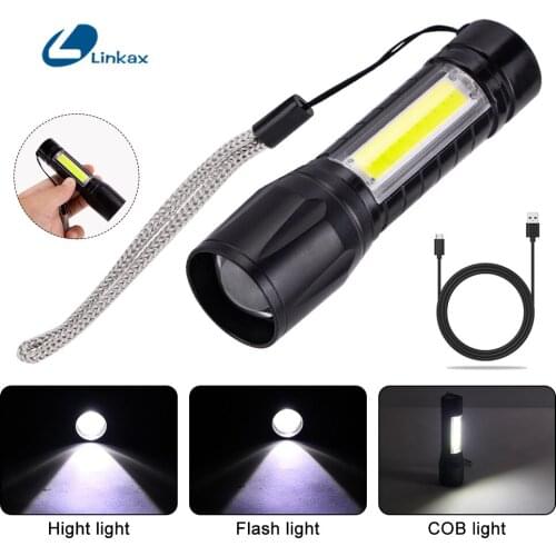 Portable XPE COB LED Flashlight USB Rechargeable Torch Zoom 3 Modes Lighting Flash Light Waterproof Outdoor Camping Hand Lamp