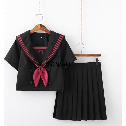 [Heart Rate] Black Red Summer Navy Sailor Suit Tops Skirts JK High School Uniform Class Uniform Students Cloth
