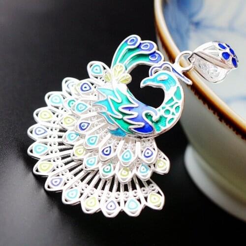 Silver Jewelry Wholesale Genuine S925 Sterling Silver Pendant Retro Cloisonne Peacock Thai Silver Pendant Fashion Female