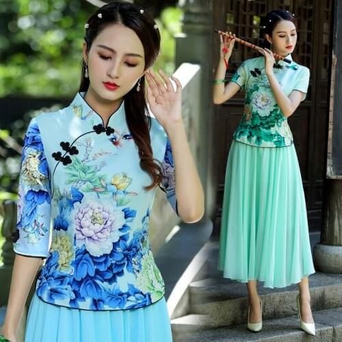 Traditional Chinese Tang Suit Women Fashion Clothes Two Set Traditional Clothing For Women Hanfu Retro Cheongsam Tops And Skirt