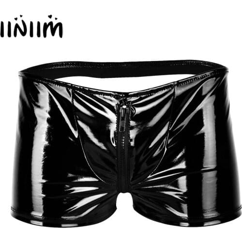 Mens Lingerie Gay Panties Shiny Metallic Zipper Jockstraps Bulge Pouch Open Butt Boxer Shorts Underwear Night Dance Costumes