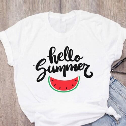 Hello Summer Watermelon Fruit Graphic Women Clothes Lady Tees Tops Female T Shirt Womens T-Shirt Sweet Cute Ladies Printing
