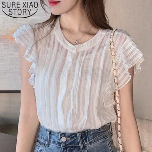 2021 Summer New Round Neck Solid Color Elegant Ruffle Tops Korean Style Short Sleeve Chiffon Blouse Women Blusas Mujer 8827 50