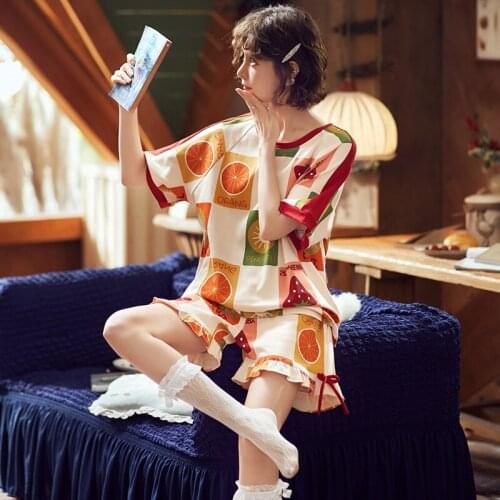 Women pajamas set Women Pyjamas Thin 100% Cotton Cute Print Female Summer Pajama Set Short Sleeve Tops + Short Two Piece 2020