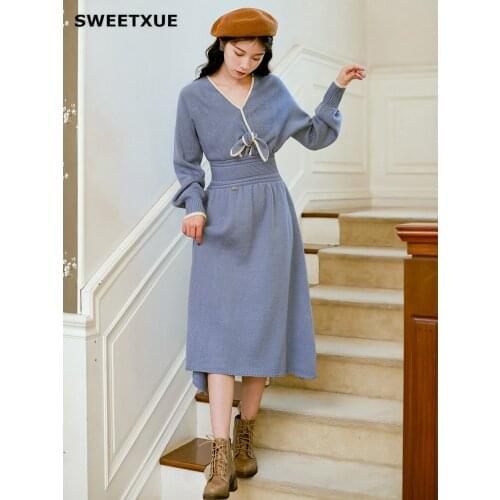 SWEETXUE Women Long Sleeve Knit Midi Dress V Neck Elegant Casual Autumn Winter High waist Bow Chic Slim Knitted Dress