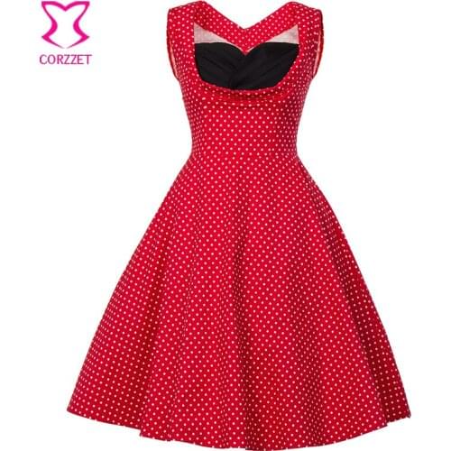 Summer Red & White Polka Dot Sleeveless Empire Waist Vestidos Pin Up Rockabilly Swing Party Dresses Retro Vintage Dress 50s 60s