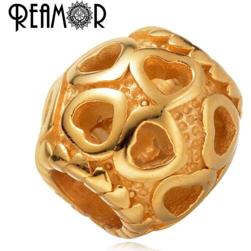 REAMOR Gold-color 316l Stainless Steel Hollow Surround Heart European Charm Beads For Pan Bracelet Jewelry Making Wholesale