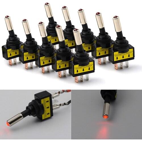 10pcs Rocker Switch Toggle 12V Led Light Car Auto Boat Round ON/OFF SPST 2 Pole Design 20 AMP Built In LED Light CSV