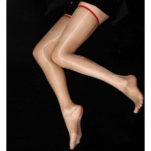 1D Sexy Oil Shinny Backline Stockings Sheer Gloosy HIgh Stockings See Through Thigh Red-Line Stockings Tight Lingerie for Women