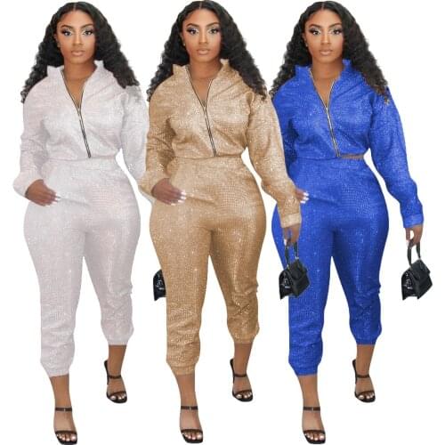 45Q696 Autumn Winter Women Casual Fashion Solid Sequins Zipper Sports Two Piece Set Top and Pants Tracksuit Sweatsuit Outfits