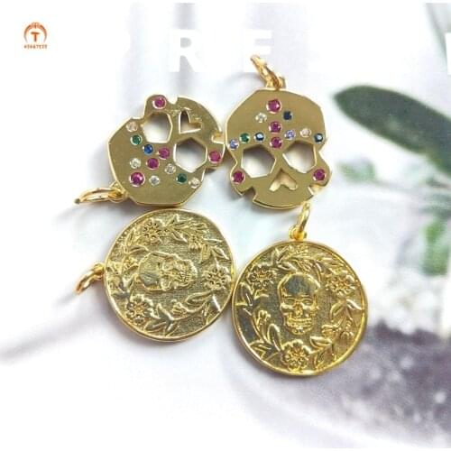 5pcs Gold Coin Pendant Brass Skull Charms Spooky Charm Skull Pendant Necklaces For Women Jewelry Skull Charm Skeleton Amulet