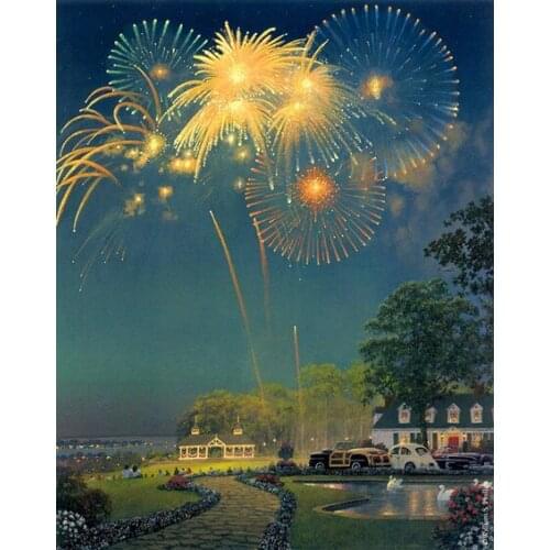 Free shipping pastoral fireworks house night scenery canvas prints oil painting printed on canvas wall art decoration picture