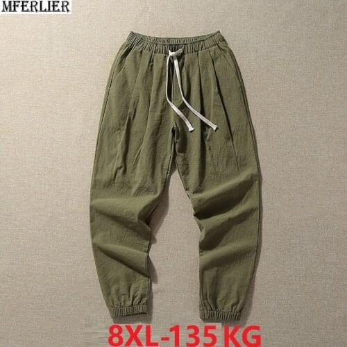 Spring Men Harlan pants summer chinese style linen pencil pants plus size big 8XL 7XL mens vintage slim fit pants loose green