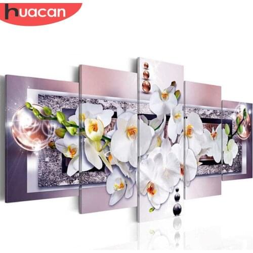Huacan 5D DIY Full Square Diamond Painting "orchid flower" Multi-picture Combination Embroidery Cross Stitch Mosaic Decor