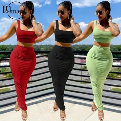 Inwoman Summer Two Piece Set Women Ruched Sexy Club Outfits Flare Mesh Crop Top Black 2 Piece Maxi Skirts Set Matching Sets 2021