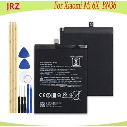 JRZ 2910mAh Long Time Standy battery For Xiaomi Mi 6X BN36 phone Replacement Batteries with Tools