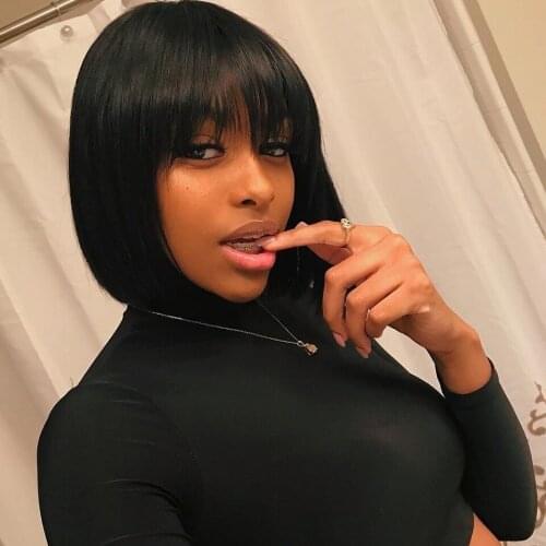 Short Bob Wig With Bangs Straight Human Hair Pixie Cut Full Machine Wigs For Women Glueless Wig Brazilian Cheap Remy 150%Density