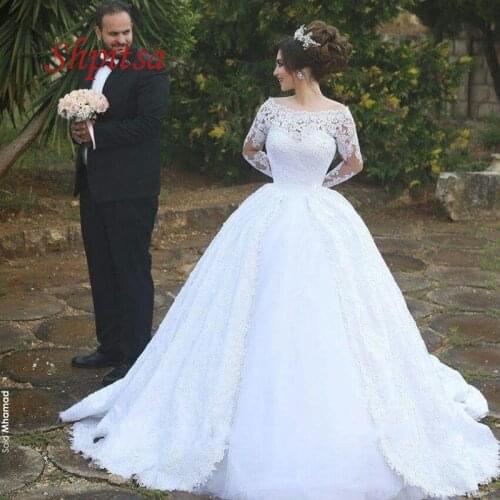 Long Sleeve Lace Muslim Wedding Dresses Ball Gown White Ivory Tulle Dubai Arab Wedding Gowns Weeding Weding Bridal Bride Dresses