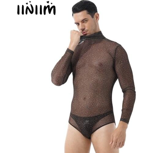 Mens Fashion See-through Mesh Rompers Leopard Print Turtleneck Transparent Sexy Streetwear ClubwearLong Sleeve Leotard Bodysuit