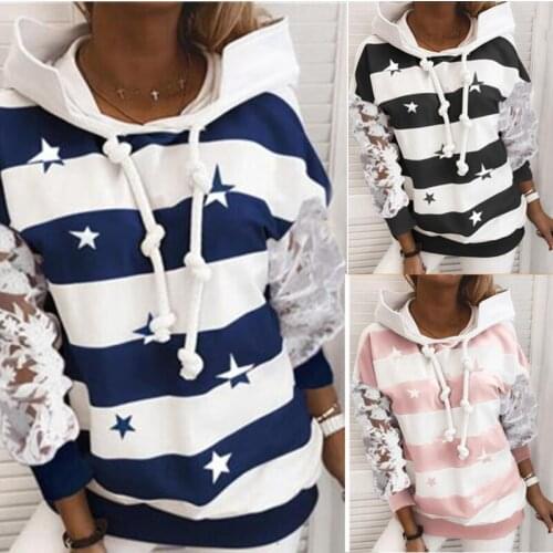 2020 New Hoodie Sweatshirt Ladies Star Stripe Lace Stitching Pullover Autumn Winter Oversize Thin with Pocket Leisure Time