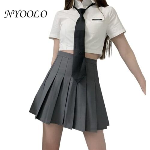 NYOOLO Preppy Style High Waist Jk Pleated A-Line Mini Skirt Women Clothes Summer Streetwear Solid Color Girls School Uniform