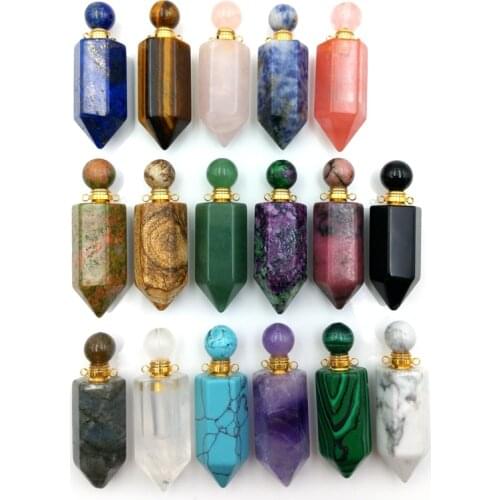 Natural Gems stone Hexagon prism Bottle pendant Necklace malachite Chakra Crystal Quartz Perfume Bottle Pendant Long Necklace