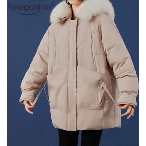 Aelegantmis Winter Hooded Parkas Women with Fur Collar Solid Loose Parkas Jackets Coat Female Korean Thicken Oversized Outwear