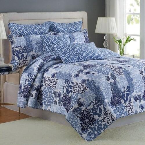 Blue Print Bedspread on the Bed Quilt Set 3PCS Washed Cotton Quilted Blanket for Bed Pillowcase Queen Size Summer Coverlet