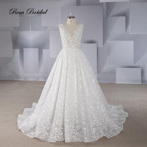 Rosabridal A Line Wedding Dress 2019 new Sleeveless V Neck leaves appliques over nude tulle half open back Lace up Bridal Gown