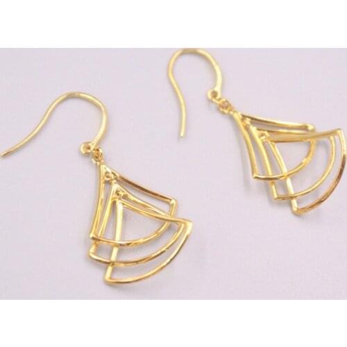 Pure 18K Yellow Gold Dangle Women Gift Three Hollow Triangle Fan-shaped Earrings / 2.8-3g