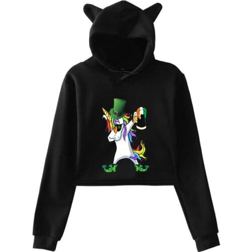 St. Patrick spring new hot Kawaii cat ear cotton hoodie casual all-match pullover loose hoodie comfortable short sexy hoodie top