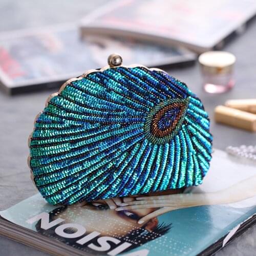 Vintage Elegant Womens Clutches Evening Bags Geometric Peacock Pattern Sequins Beaded Bridal Clutch Purse Wedding Party handbag