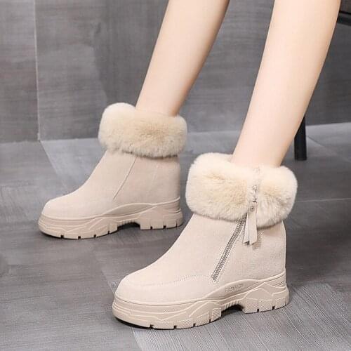 Female Boots Genuine Leather Snow Boots 8cm Wedges Shoes for Women Platform Winter Shoes Women Bottines Beige Femme Ankle Boots