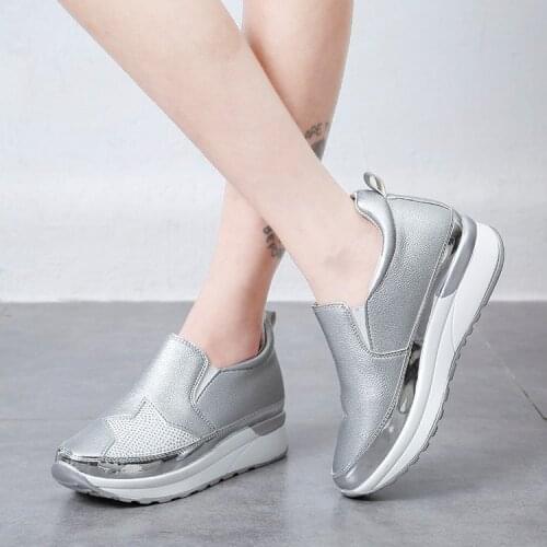 Womens Casual Shoes 2021 Spring and Autumn New Comfortable Silver Black Fashion Slope Heel Flat Leather Surface Breathable 43