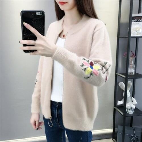 Women Knitted Fashion Loose Sweater 2020 Autumn and winter O-Neck Long sleeve Embroidery Floral Harajuku Female Cardigan