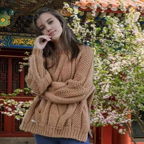 Capucines Autumn Winter Solid Twist Knit Sweater Women Pullovers Long Sleeve Round Neck Casual Loose Jumpers Warm Clothes 2020