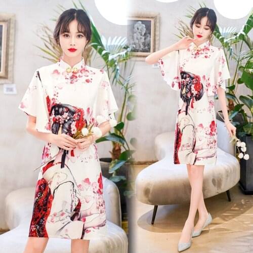 Ins M-4XL 2022 New Year Fashion Modern Chinese Cheongsam A-line Dress Women Short Sleeve Qipao Traditional Chinese Clothes