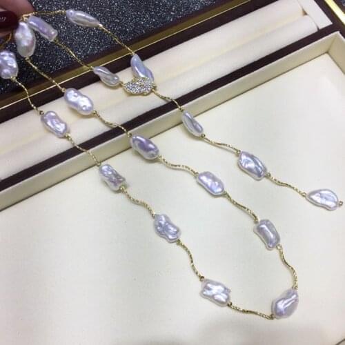 11-15mm Baroque Pearl Sweater Necklace With Leaf Clasp Decoration Keshi Pearl Long Necklace 85cm