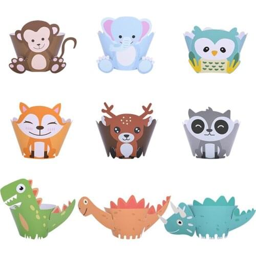 12pcs Cake Wrapper Cartoon Animals Squirrel Dinosaur Monkey Cupcake Wrappers Baby Shower Birthday Party Cupcakes Packaging Decor