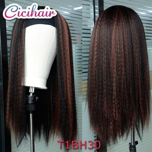 24"Synthetic Headband Wig Highlight Wig For Women Headband Wig Yaki Straight Hair Extensions Ombre Brown Color Daily Use