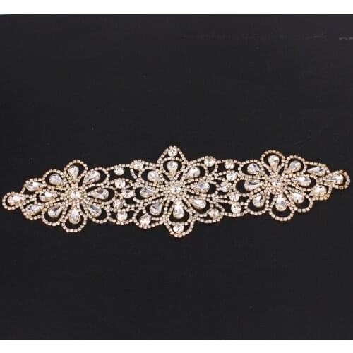 24x7cm Gold Crystal rhinestone applique Welding flower patch for bridal belt sew on Wedding dress sleeves accessories