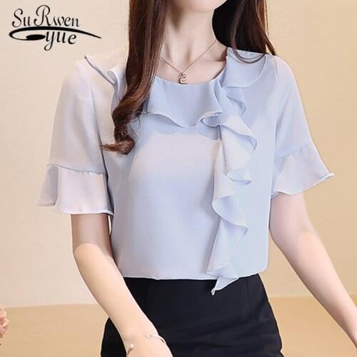 Blusas Mujer De Moda 2021 New Fashion Korean Office Lady Women Tops and Blouses Solid Short Sleeve White Chiffon Blouse 8855 50