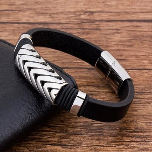 2019 Stainless Steel Magenet Charm Black Genuine Leather Bracelet Jewelry Wholesale Accessories Bangles Gift For boyfriend