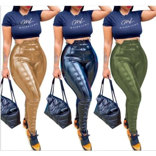 Women Summer Solid Sexy Pencil Pants Beach Fashion Trousers Leg Zipper Up Trousers Female Casual Pu Leather Skinny Trousers