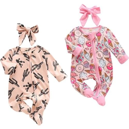 0-6M Newborn Baby Girl Boy Clothes Kids Long Sleeve Autumn Winter Romper Infant Print Jumpsuit Headdress Outfit Sleepwear