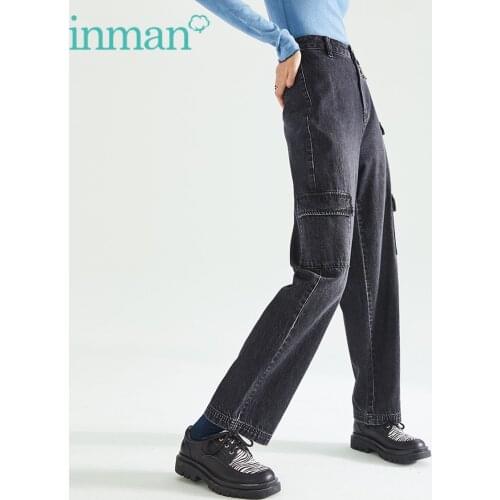 INMAN Autumn Winter Cargo Boyfriends Style Jeans Pant Women Girl Streetwear Fashion Big Pocket Wide Leg Metal Chain Trousers