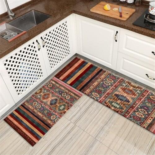 Ethnic Style Bohemia Floor Mat Retro Colorful Strip Geometric Printed Non-slip Mat Kitchen Washable Flannel Mat In The Hallway