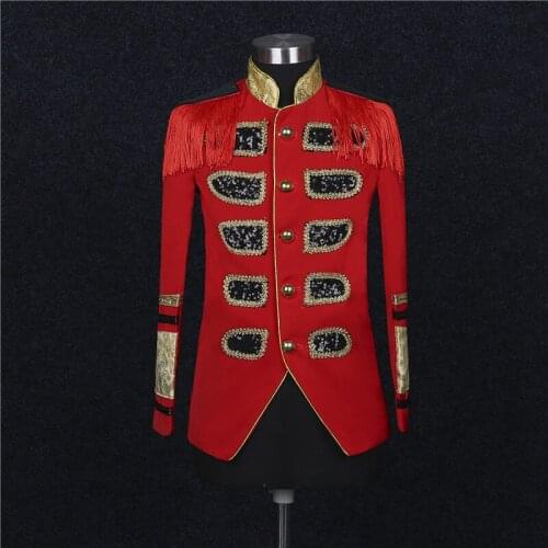 British Style Red Sequins Tassels Embroidery Male Golden Single Breasted Slim Suits Mens Classical Chorus Performance Blazer