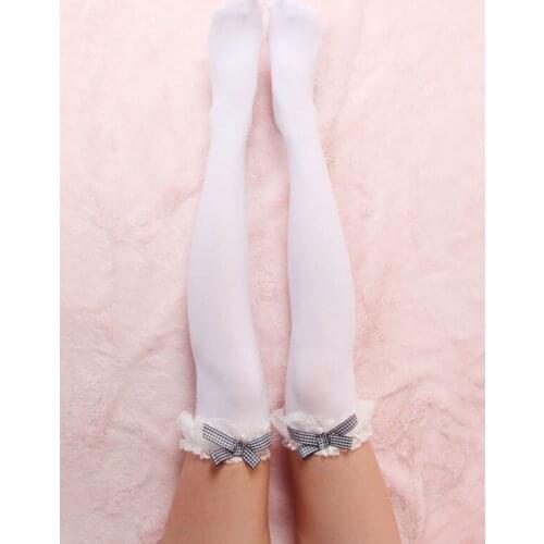 Lolita Socks Ruffled Lace and Plaid Bows Pearl Calf Stocking