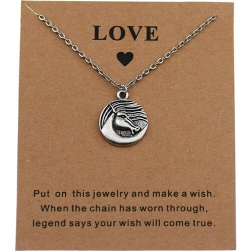 New Vintage Silver Color Round Horse Head Pendant Make a Wish Chain Necklace Friends Animal Horse Charm Amulet Jewelry Gifts